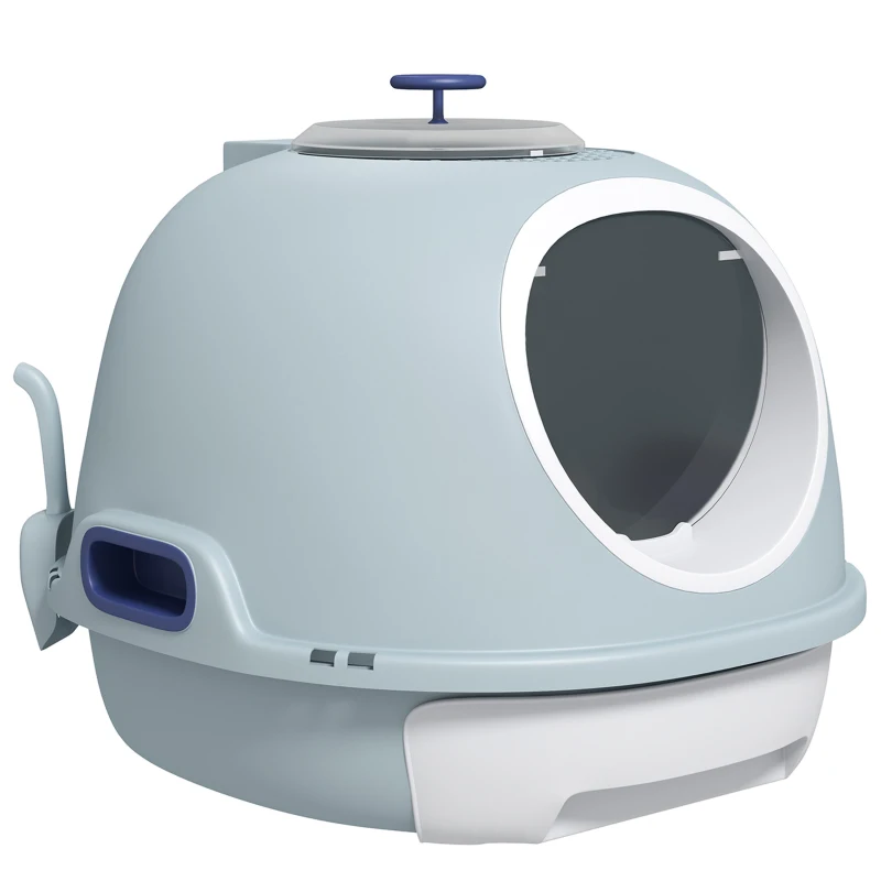 PawHut Bac à litière pour chat maison de toilette portable pour chat tiroir à litière coulissant porte battante lucarne + pelle fournis dim. 47L x 55l x 44H cm bleu