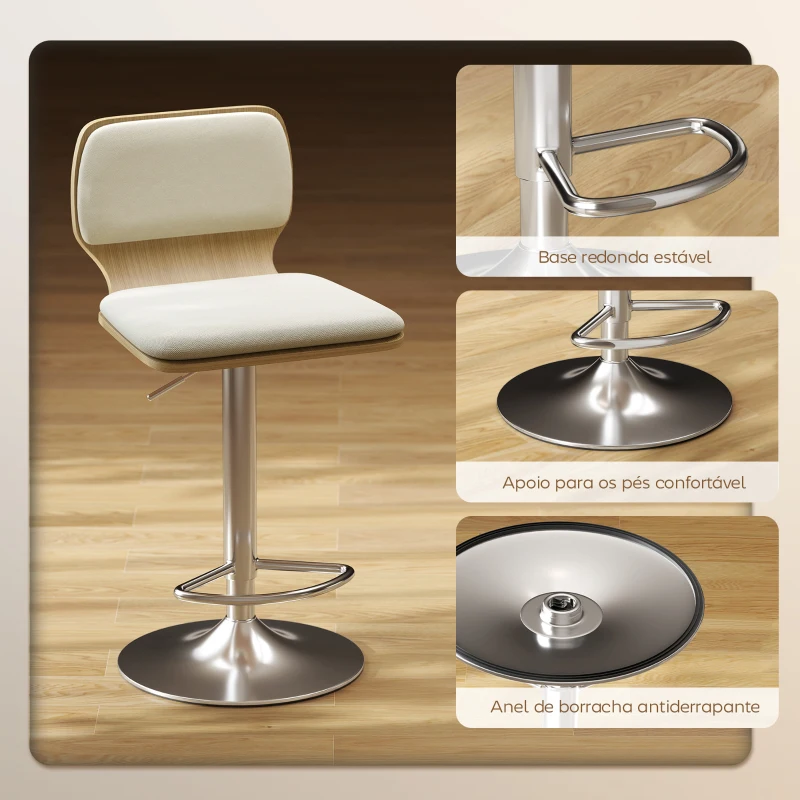 HOMCOM Conjunto de 2 Bancos de Bar Giratórios com Altura Ajustável Estofados em Tecido Tipo Linho com Base em Aço 41x47,5x81-102 cm  Bege