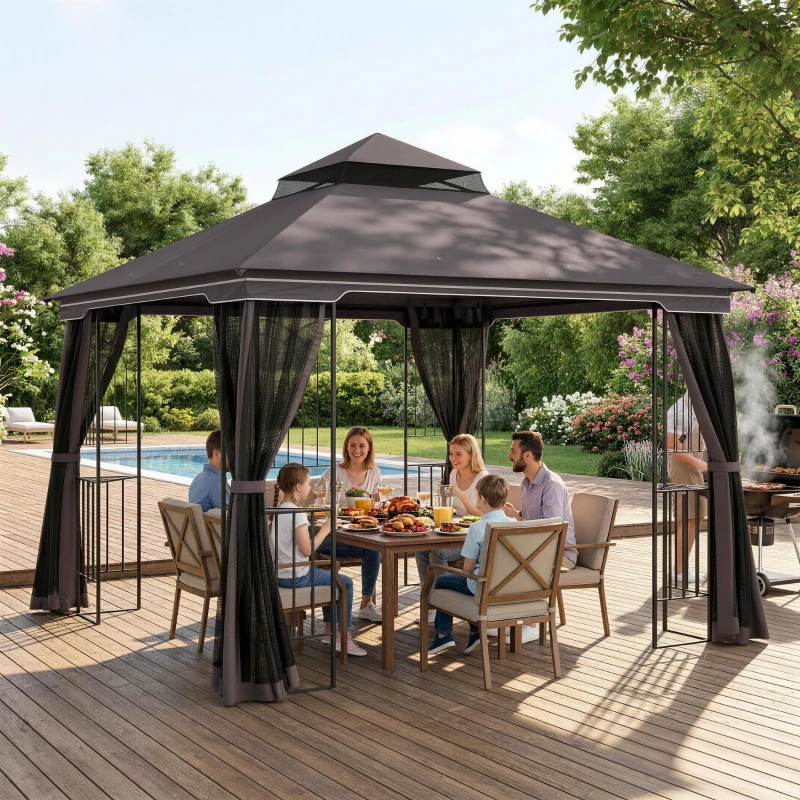 Outsunny Gazebo da Giardino 3x3m con Zanzariera e Tetto a 2 Livelli, Mensole Laterali e Ganci, Caffè