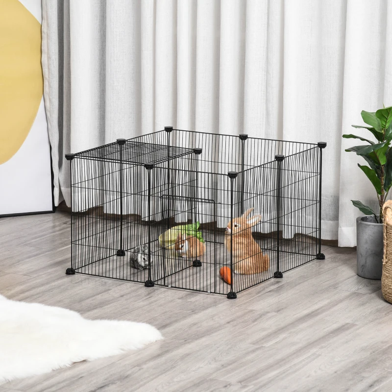 Pawhut Gabbia per Conigli e Piccoli Animali, 22 Pannelli Modulabili in Metallo con Porta, Nero, 105 x 70 x 45cm