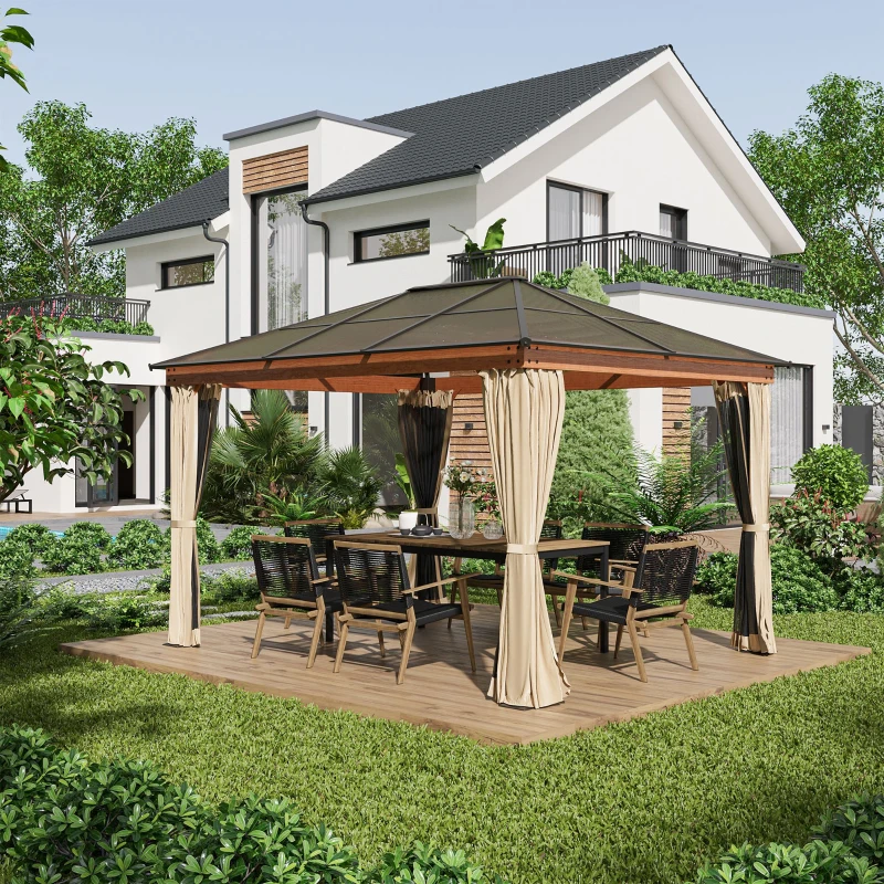 Outsunny Gazebo da Giardino in Acciaio, Alluminio e Poliestere con Tetto in Policarbonato e Zanzariere, 2.94x3.60x2.67 m