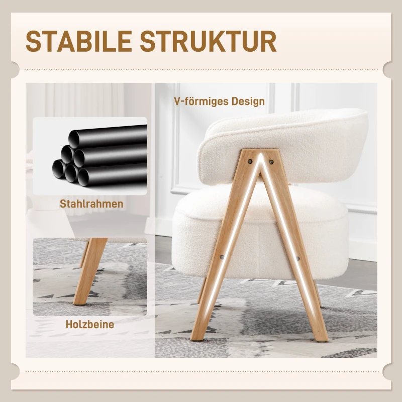 HOMCOM Moderne gestoffeerde fauteuil, fleece-bekleding, accentstoel, armstoel met houten poten, metalen frame, wit(m-5)
