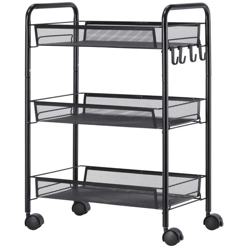 HOMCOM Carrinho de Cozinha em Aço com 3 Cestos e Rodas, Suporta 9 kg, Cozinha, Casa de Banho e Lavandaria 45x26,5x63 cm,  Preto