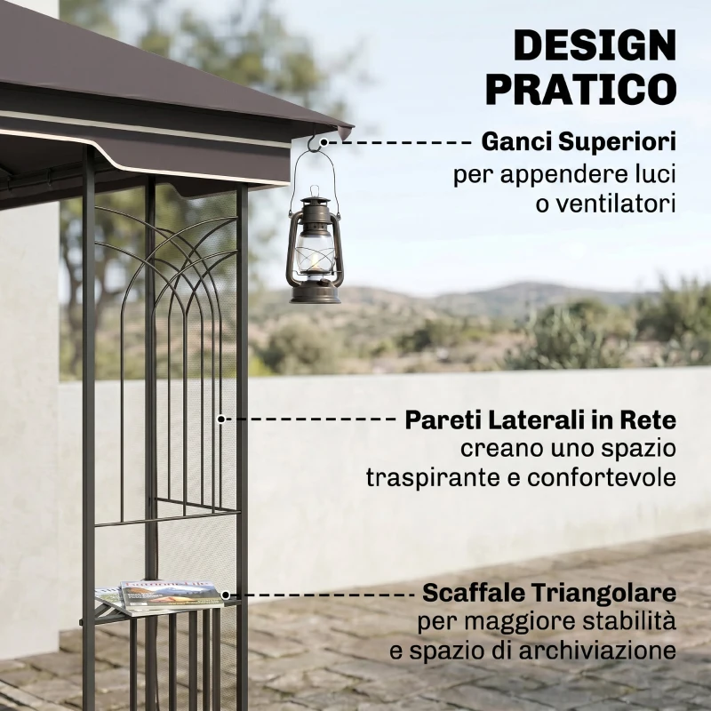 Outsunny Gazebo da Giardino 3x3m con Zanzariera e Tetto a 2 Livelli, Mensole Laterali e Ganci, Caffè
