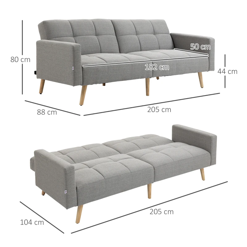HOMCOM 2-in-1 slaapbank 205 x 88 cm met bedfunctie, bank met zitkussen, linnenlook grijs