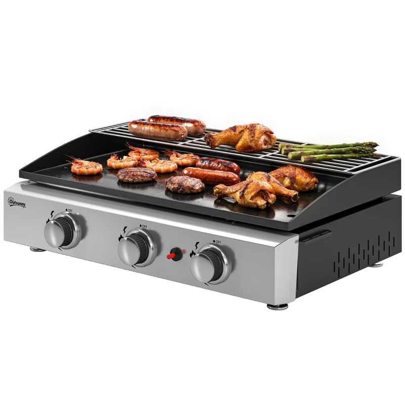 Outsunny Barbacoa de Gas con 3 Quemadores 7,5 kW Barbacoa Portátil con Plancha Rejilla Calentadora y Recogedor Grasa Negro