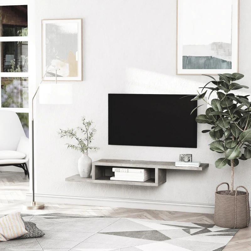 HOMCOM Meuble TV mural flottant suspendu support TV - étagère murale flottante - niche, passe-fils - gris