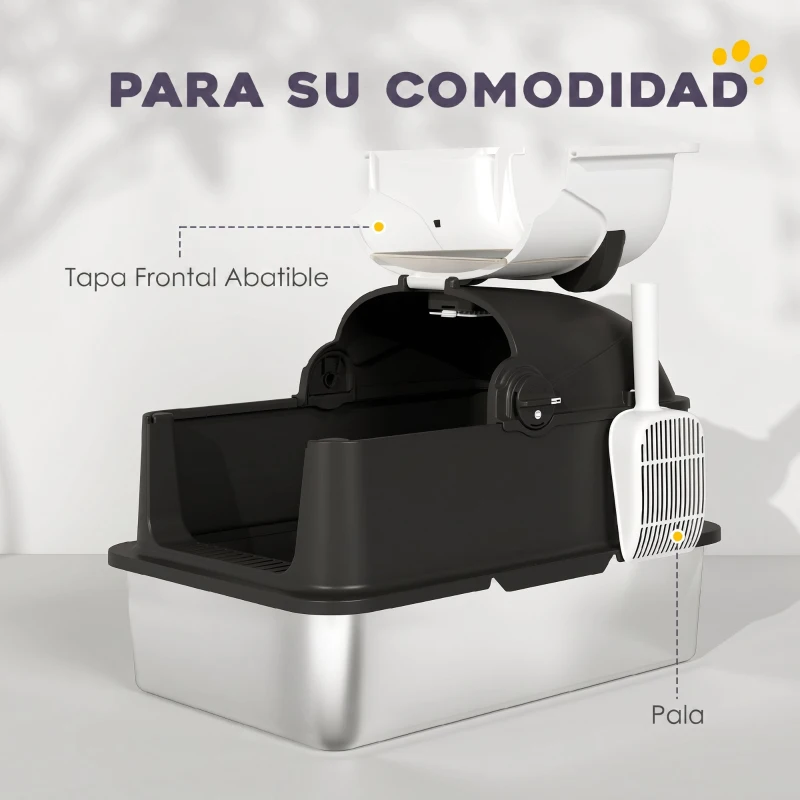 PawHut Arenero para Gatos Grandes Cubierto XL de Acero Inoxidable con Tapa Abatible Pala Bolsa Desodorante Diseño Panda Negro