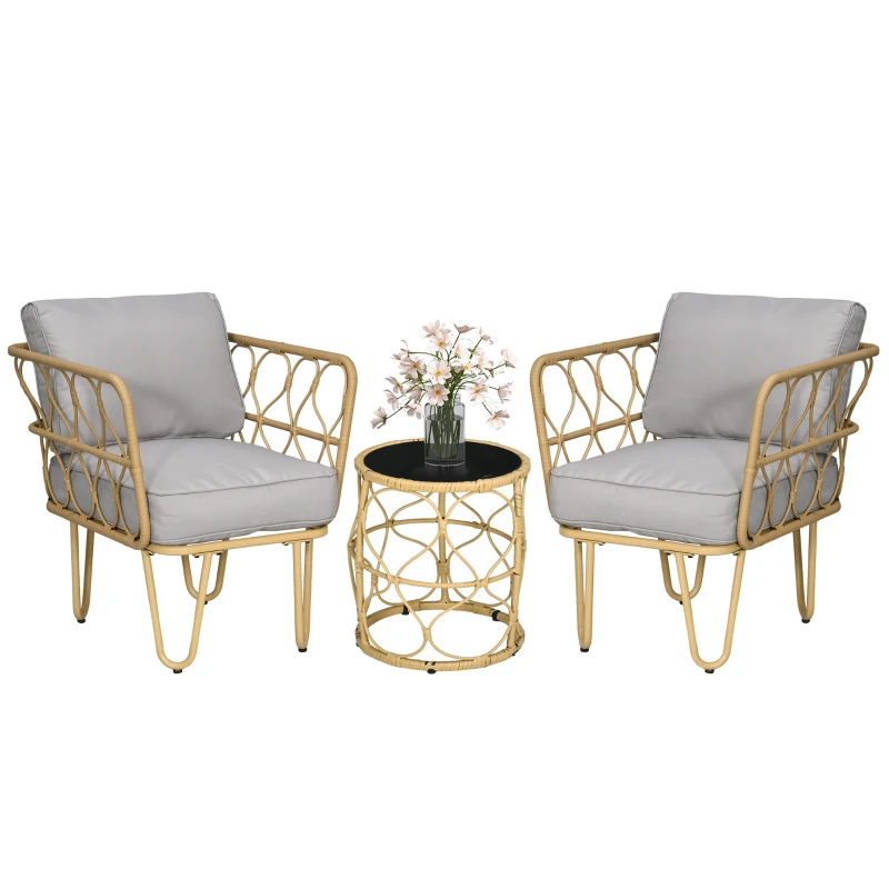 Outsunny Ensemble salon de jardin en résine tressée 3 pièces 2 fauteuils + 1 table basse ronde coussins inclus