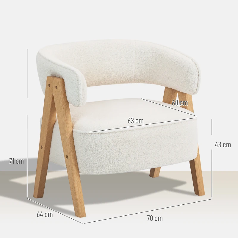 HOMCOM Moderne gestoffeerde fauteuil, fleece-bekleding, accentstoel, armstoel met houten poten, metalen frame, wit(m-3)