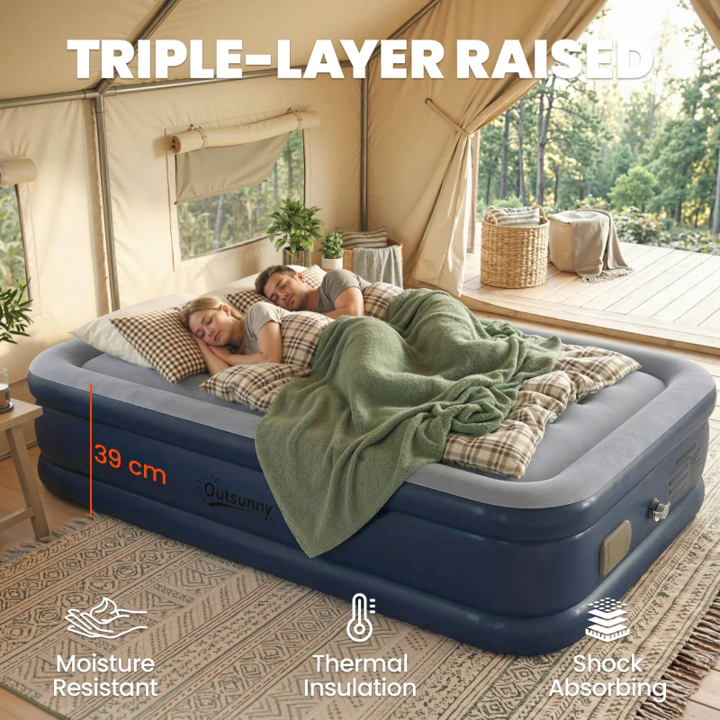 Outsunny Inflatable Mattress, Double Air Bed with Built-in Electric Pump, 3 Mins Inflation, Flocked Surface, Grey