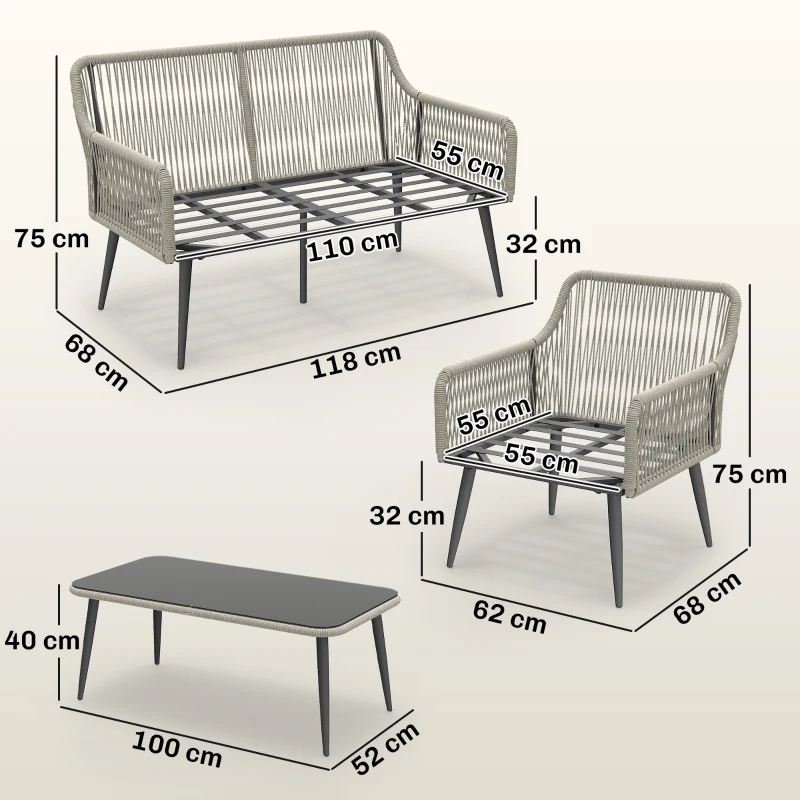Outsunny Rattan Garden Furniture Set, 4 Piece Outdoor Patio Furniture with Tempered Glass Table and Chairs, Indoor Balcony Conservatory Set