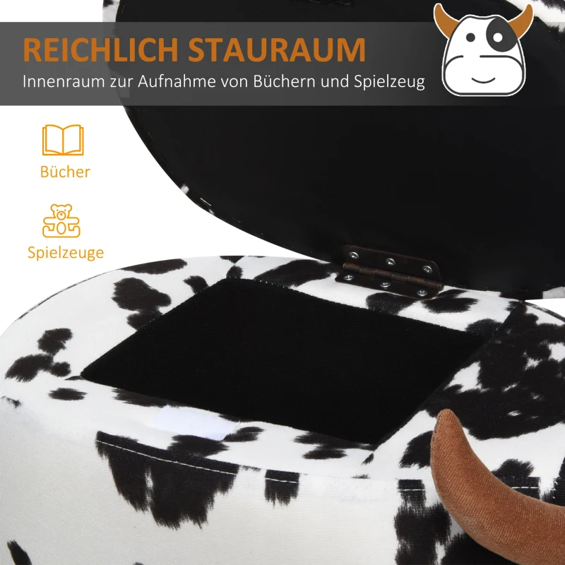 HOMCOM dierenkruk voor kinderen, kinderkruk met opbergruimte, gestoffeerde kruk, zitbank met dierenmotief, voor kinderkamers, varken voetenbank, zwart + wit, 62 x 35 x 36 cm | Aosom.de
