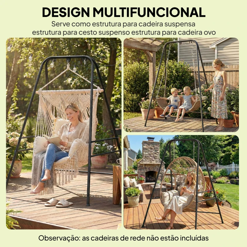 Outsunny Suporte para Cadeira Suspensa Rede 183 cm Suporte para Balanço Estrutura de Aço Almofadas Antiderrapantes Preto
