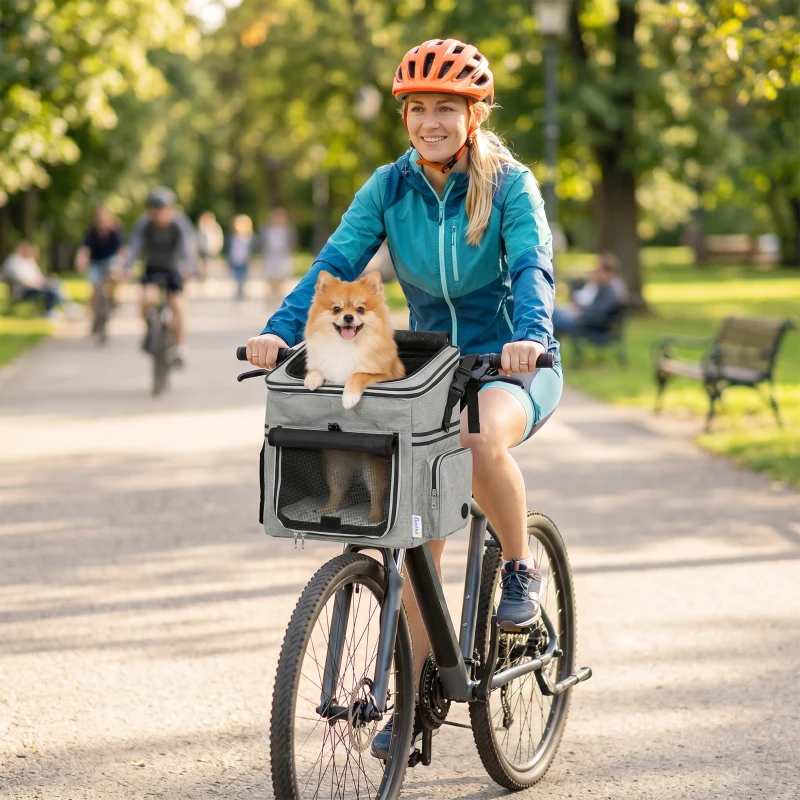 PawHut Panier de Vélo Avant Portable pour Chiens Chats, Laisse de Sécurité, Couvercle Détachable, 33x26x35cm, Gris Clair