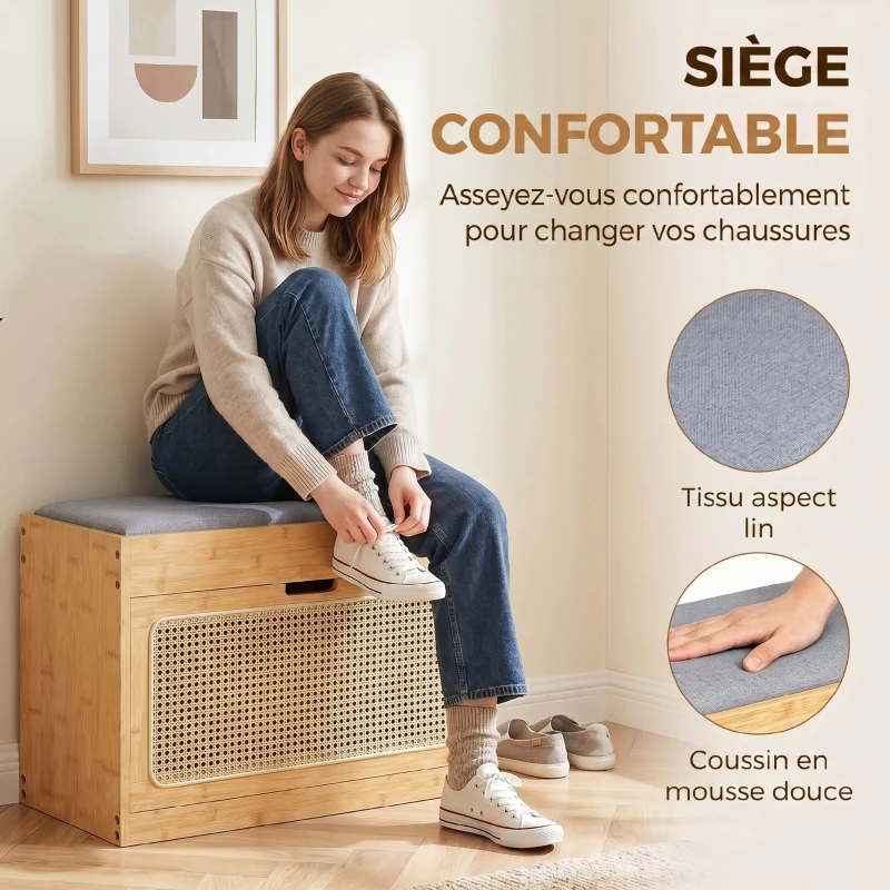 HOMCOM Banc chaussures entrée, banc de rangement en bambou, assise rembourrée, porte en rotin et étagère réglable, bois naturel