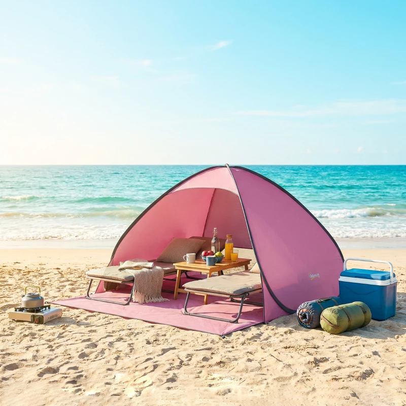Outsunny Pop up Beach Tent, UV 50+ Sun Shelter with Carry Bag, 2x1.5m for 2-3 Person, Pink