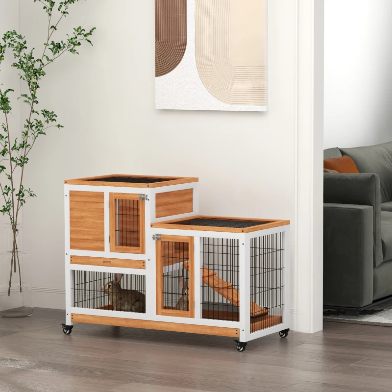 PawHut Conejera de Madera de 2 Niveles Jaula para Conejos con Ruedas Rampa y Bandejas Extraíbles 110x50x88cm Natural