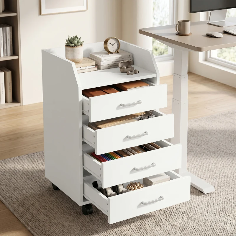 Vinsetto Cassettiera da Ufficio in Legno con 4 Cassetti, Ruote e Bordi Rialzati, 40x36x65cm, Bianco