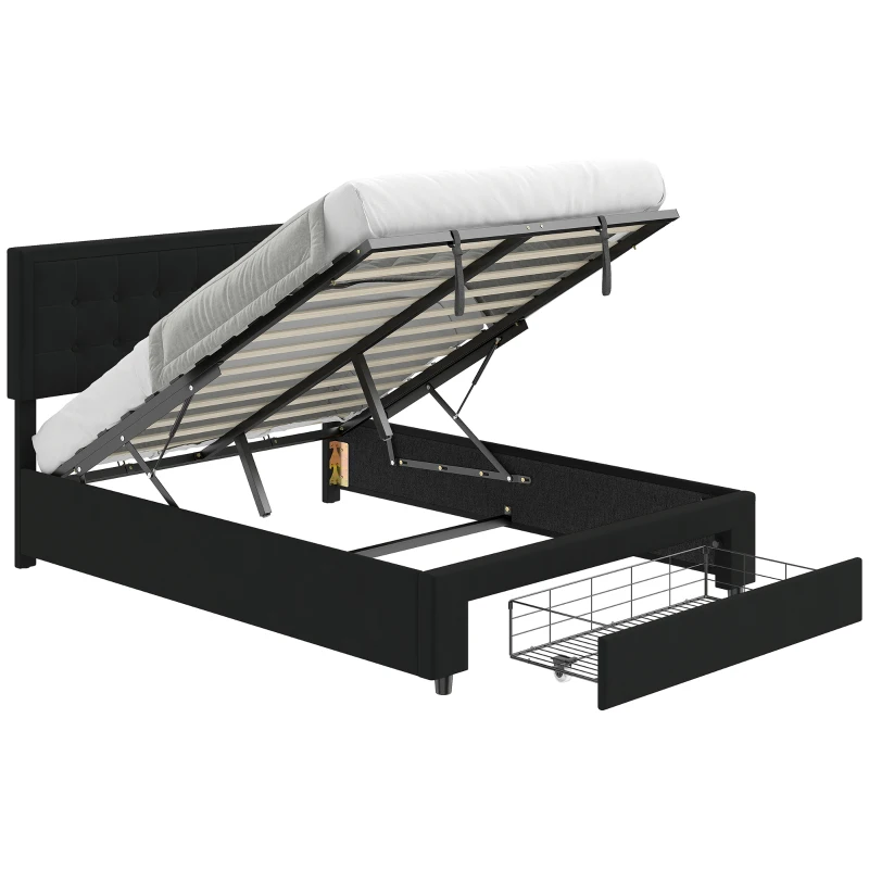 HOMCOM 4ft6 Double Ottoman Bed Frame, with Front Drawer - Black