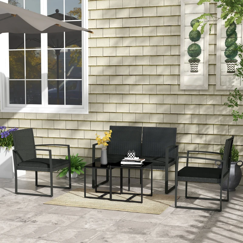 Outsunny Conjunto Móveis de Jardim de Vime Sintético com 2 Poltronas Individuais 1 Sofá Duplo e 2 Mesas de Centro Preto