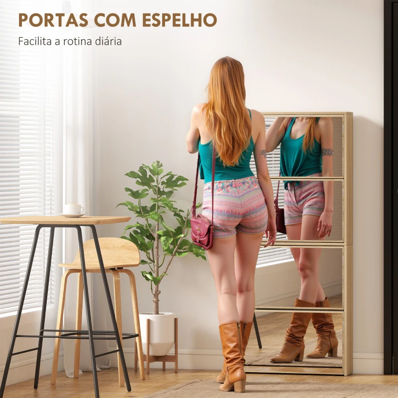 HOMCOM Sapateira Estreita com Espelho 4 Portas Abatíveis para 12 Pares de Sapatos para Espaços Reduzidos 63x17x146 cm Madeira