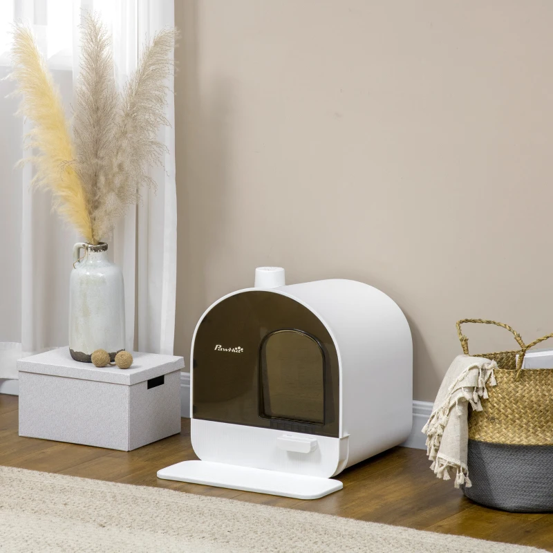 PawHut Maison de toilette pour chat avec tiroir amovible, bac à litière fermé avec tapis anti-trace, pelle, filtre anti-odeur et porte battante, nettoyage facile, 43 x 44 x 47 cm, blanc