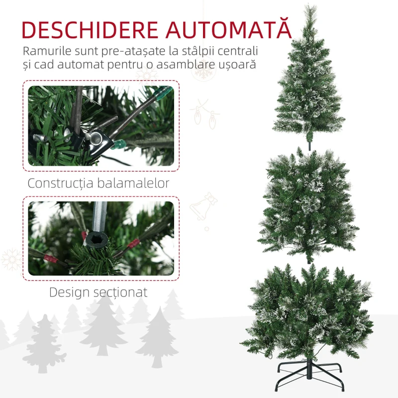 HOMCOM Brad de Craciun 180cm Artificial cu 240 Lumini LED si 618 Ramuri, Brad Acoperit cu Zapada Inalt si Ingust cu Postament din Otel