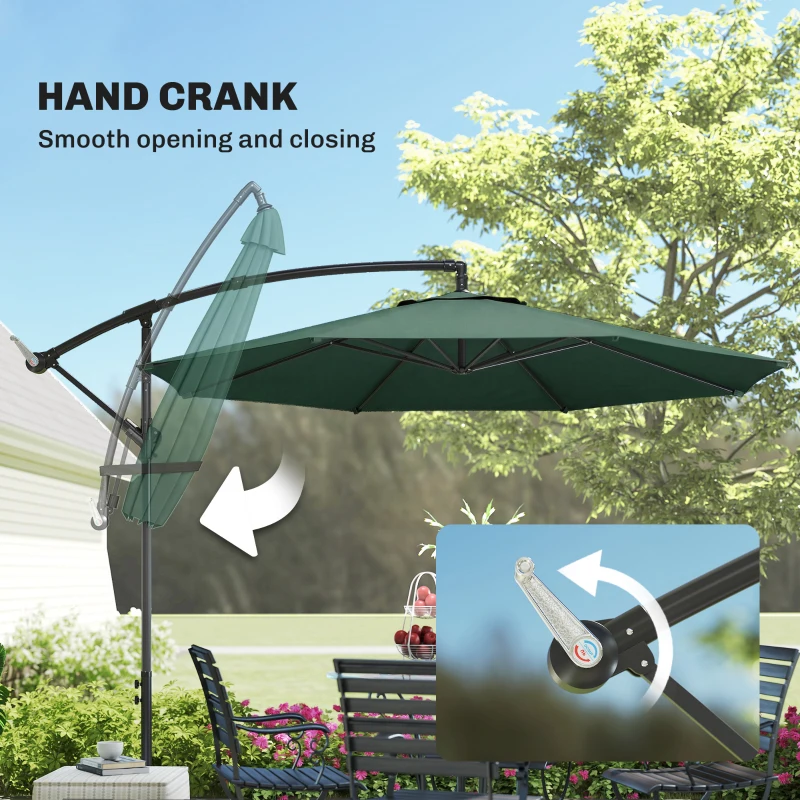 Outsunny 3 m Overhanging Cantilever Parasol, with Cross Base - Dark Green