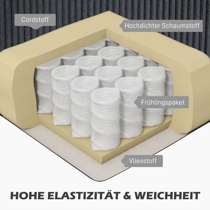 HOMCOM Hoekbank, L-vormige 3-zitsbank met Chaise Longue, Houtconstructie, 8 Poten, Corduroy Stof, Schuimstofbekleding, Grijs