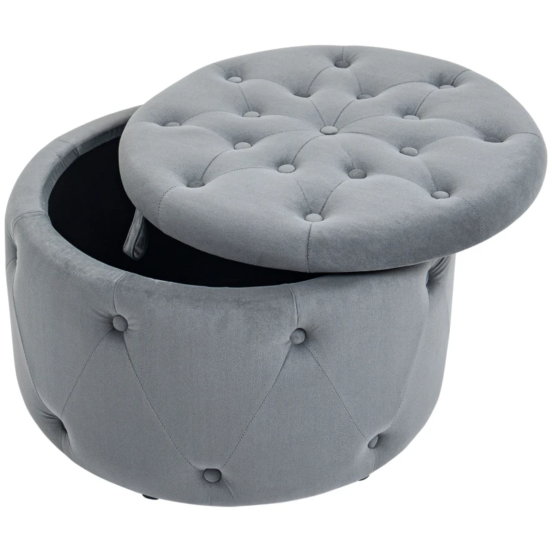 HOMCOM Poef, rond, met opbergruimte, doorgestikt ontwerp met knopen, bekleding in fluwelen uiterlijk, grijs, 60 x 60 x 40 cm