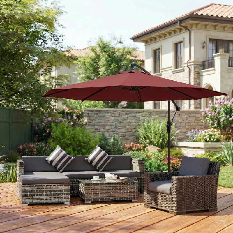 Outsunny 3 m Overhanging Cantilever Parasol, with Cross Base - Wine Red
