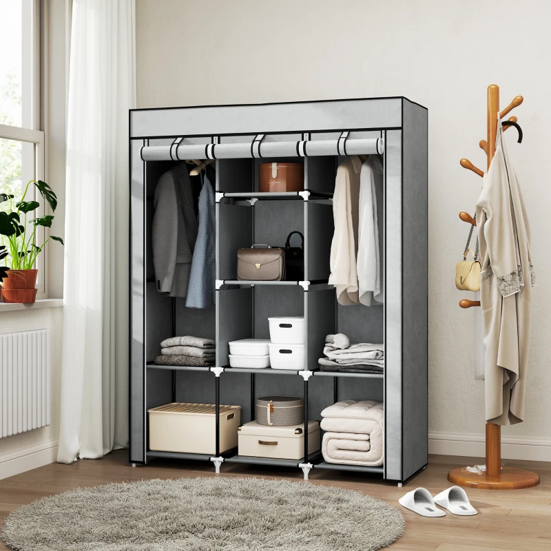 HOMCOM Armoire penderie multi-rangement - 8 étagères, 2 barres - non tissé gris clair