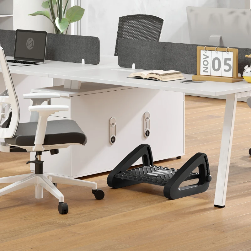 HOMCOM Voetensteun voor aan het Bureau, Hoogteverstelbare Voetkruk met Massage-Oppervlak en Wielen, Kunststof, Zwart