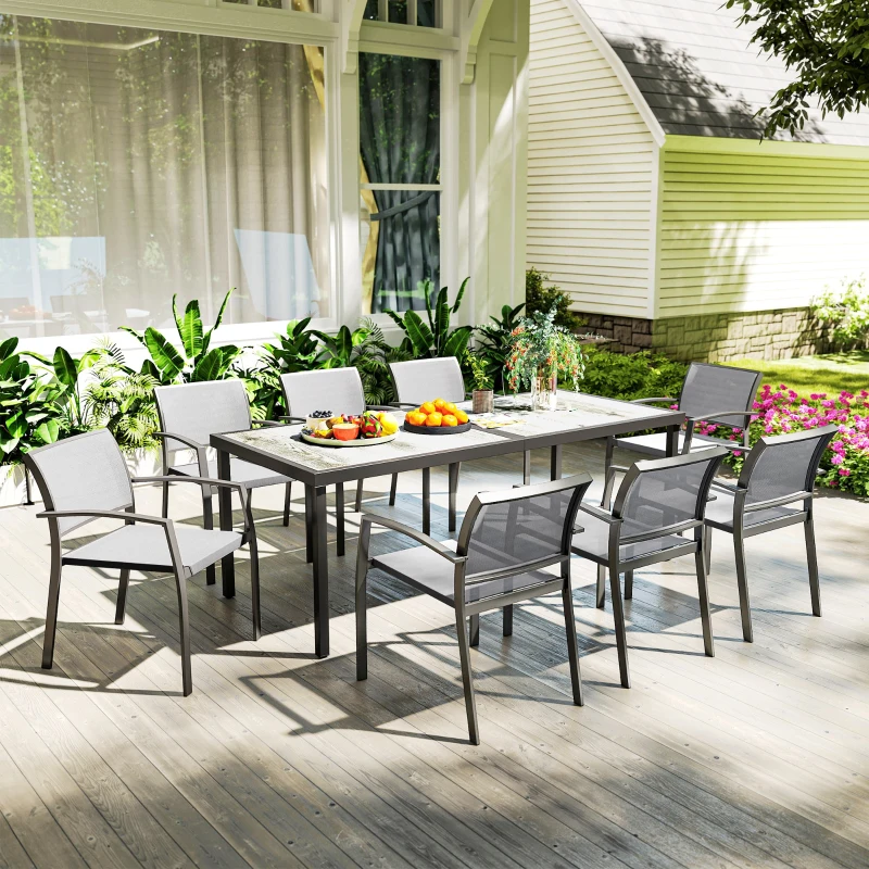 Outsunny Set da Giardino con Tavolo da Pranzo Rettangolare e 8 Sedie Impilabili con Braccioli, Grigio