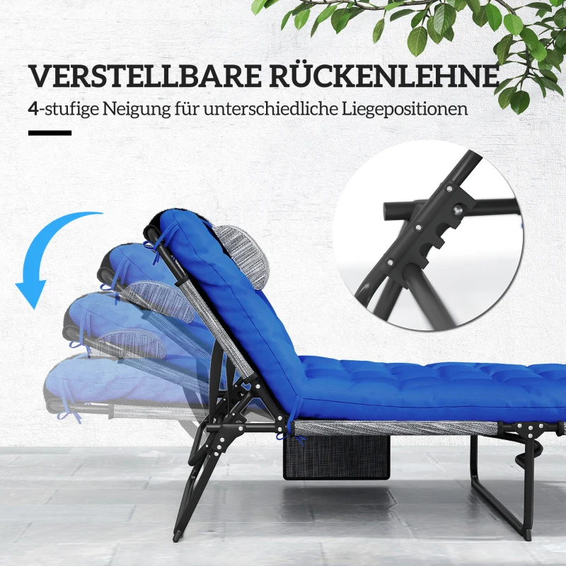 Outsunny Zonneligstoel met 4-Standen Verstelbare Rugleuning, Kussen, Zijvak, Hoofdsteun, 68 x 189 x 30 cm, Blauw
