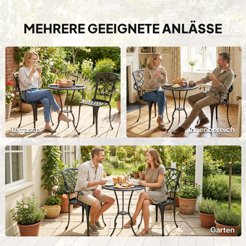 Outsunny 3-delige tuin bistroset ronde bistrotafel met 2 stoelen parasolgat, antiek van gietaluminium