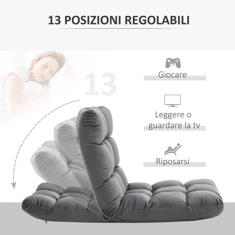 HOMCOM Poltrona da Terra in Velluto con Schienale Reclinabile fino 180° e Imbottitura Spessa, 55x71x53.5cm, Grigio Scuro