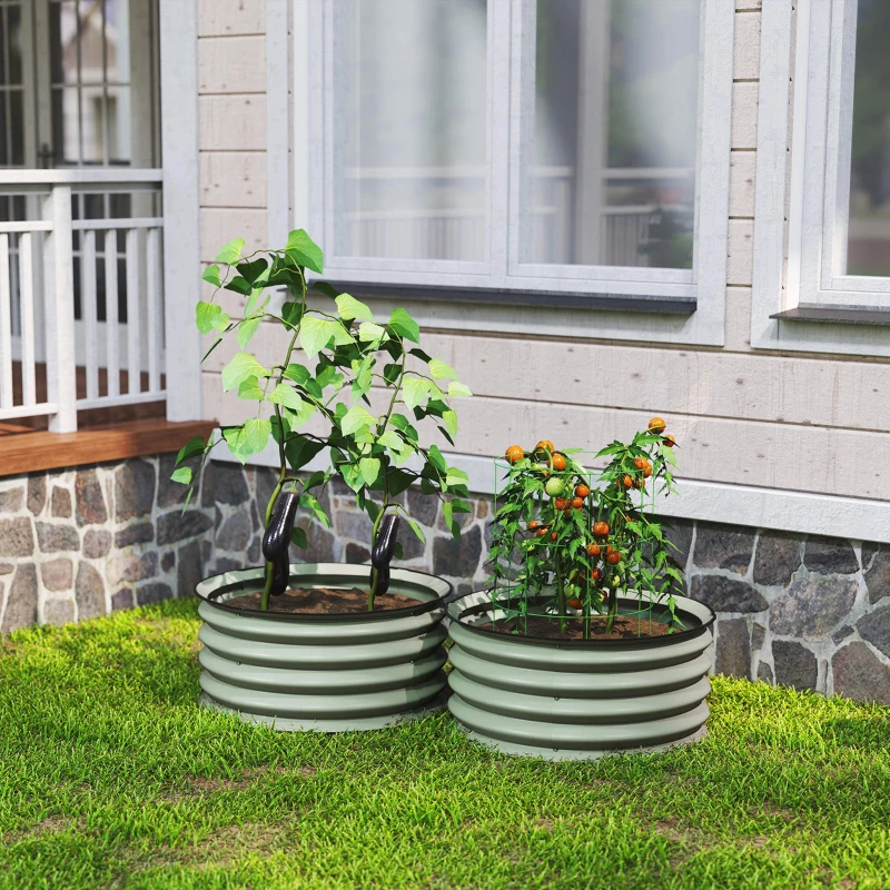 Outsunny 2-delige Set Verzinkte Plantenbakken, Ø60 x 30H cm Bloempotten met Open Bodem voor Verschillende Planten, Groen