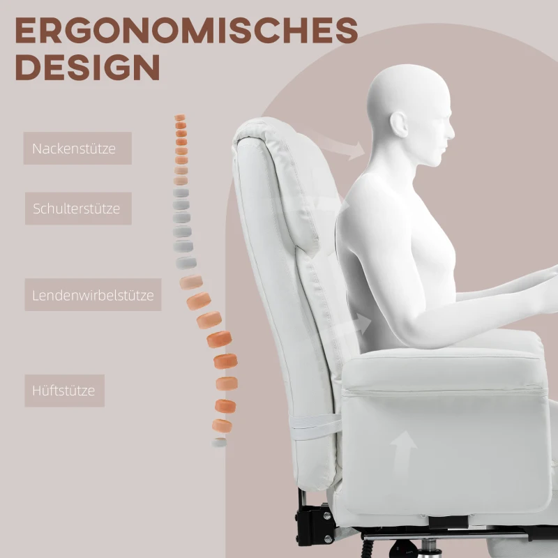 HOMCOM Ergonomische bureaustoel, in hoogte verstelbaar 48-56 cm, kantelbare rugleuning, voetensteun, wit(m-4)