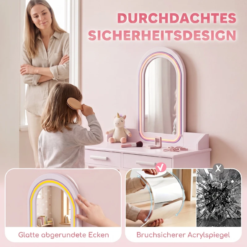 AIYAPLAY inder Schminktisch Set 2 in 1 Frisiertisch Schreibtisch mit Hocker LED-Spiegel in 3 Lichtfarben 2 Schublade 3-8 Jahre