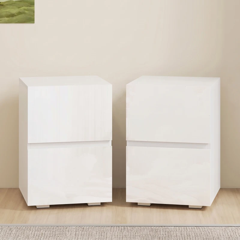 HOMCOM Lot de 2 Tables de Chevet, Tables d'Appoint avec 2 Tiroirs, Façades à Haute Brillance, Plateau Large, 40x40x58cm, Blanc