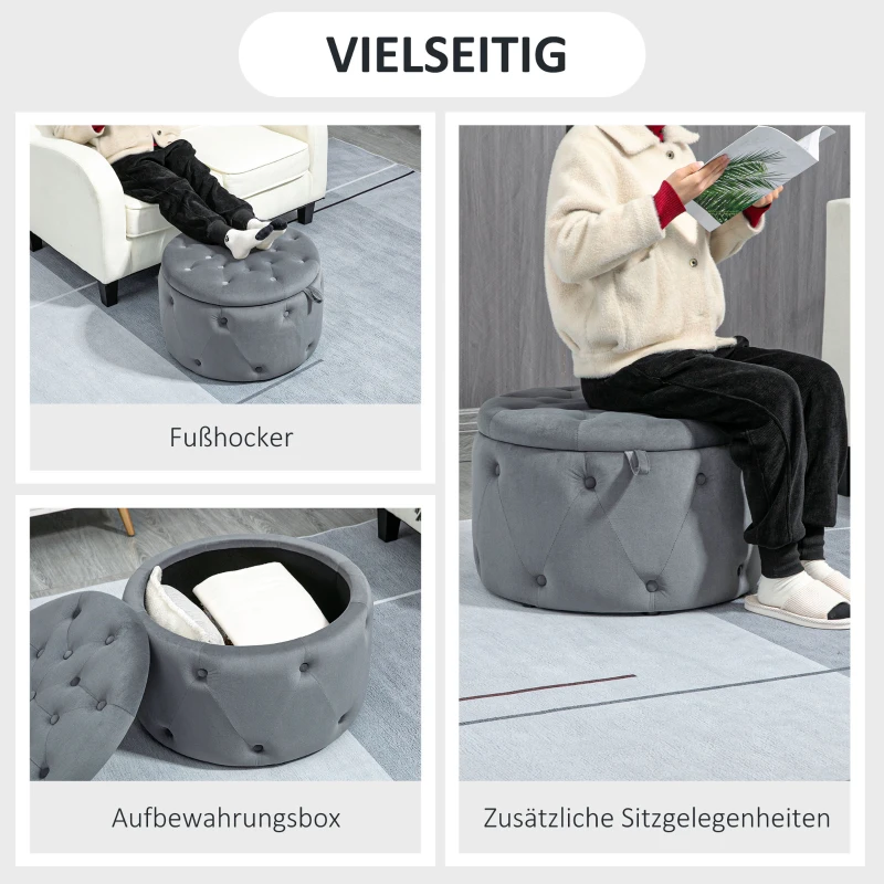 HOMCOM Poef, rond, met opbergruimte, doorgestikt ontwerp met knopen, bekleding in fluwelen uiterlijk, grijs, 60 x 60 x 40 cm