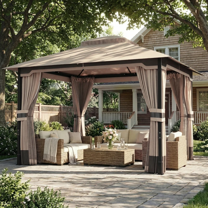 Outsunny 3 x 3.6 m Outdoor Garden Gazebo with Netting and Curtains, Double Roof Patio Gazebo Permanent Pavilion, Khaki
