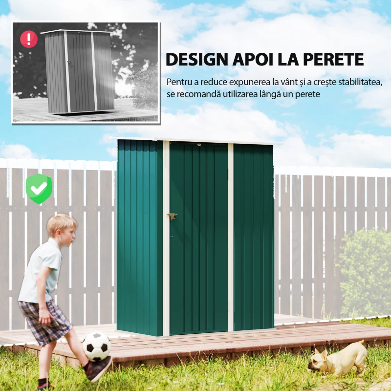 Outsunny Magazie pentru unelte din metal cu acoperiș înclinat și ușă blocabilă, 142x86x189 cm, verde