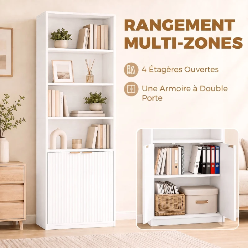 HOMCOM Bibliothèque à 6 Niveaux, Meuble de Rangement, 60 x 24 x 182 cm avec 4 Compartiments Ouverts et 2 Portes, Blanc