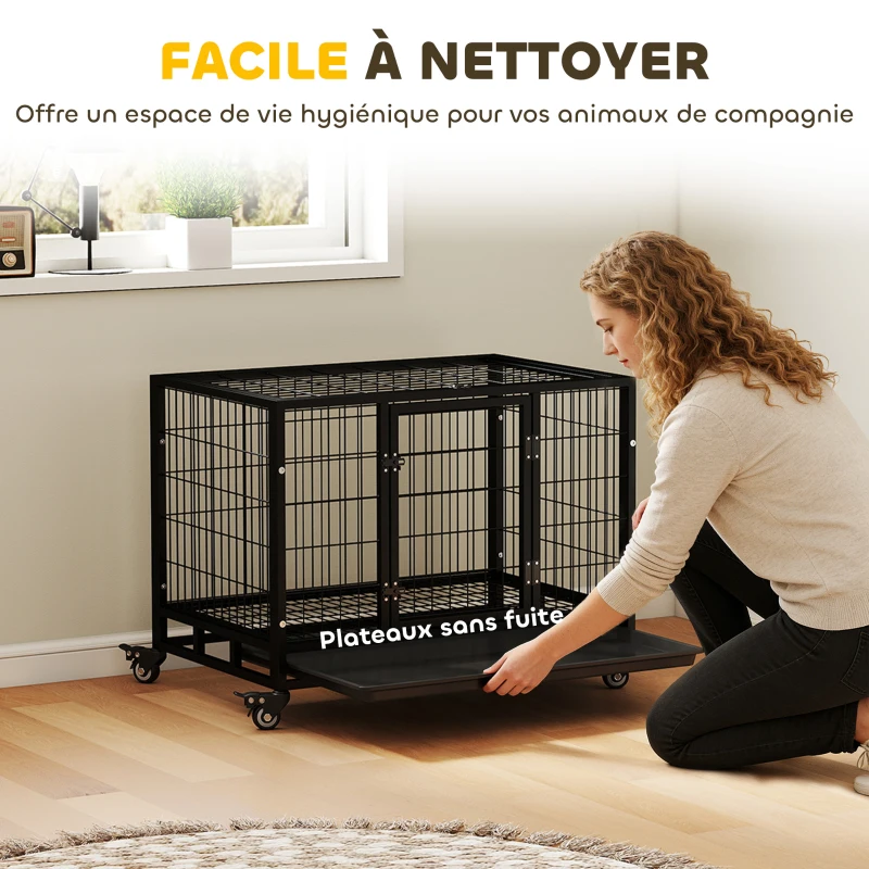 PawHut Cage pour chien animaux cage de transport sur roulettes 2 portes verrouillables plateau amovible 92 x 62 x 75 cm noir