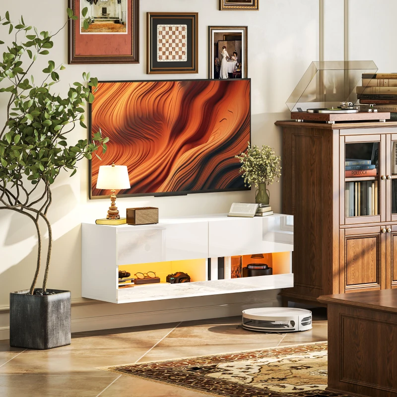 HOMCOM Hangende TV-kast met LED-verlichting, 16 knippermodi, Wandgemonteerd tv-meubel, Open schappen, 120 x 35 x 40,5 cm, Wit