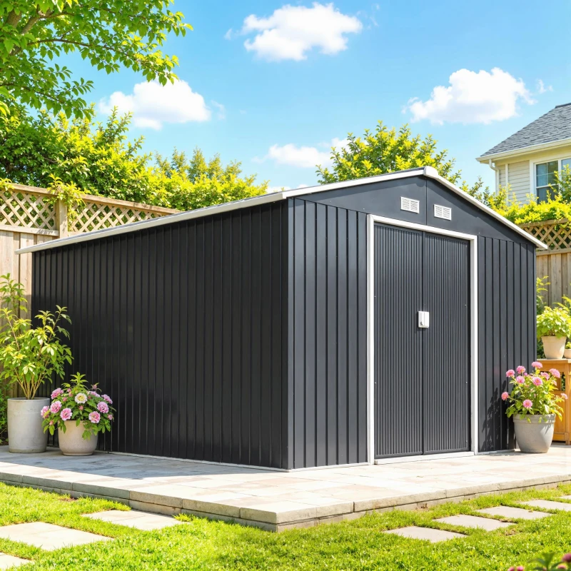 Outsunny Abrigo de Jardim Metálico para Armazenamento de Ferramentas com Base de Reforço Incluída e 4 Janelas 277x322x192 cm Cinza Escuro
