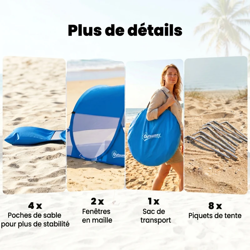 Outsunny Abri de plage tente de plage pliable pop-up automatique instantané protection UV fenêtre arrière grand tapis de sol bleu ciel